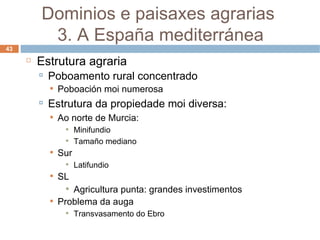 Estrutura agraria Poboamento rural concentrado  Poboación moi numerosa Estrutura da propiedade moi diversa: Ao norte de Murcia: Minifundio Tamaño mediano Sur Latifundio SL Agricultura punta: grandes investimentos Problema da auga Transvasamento do Ebro Dominios e paisaxes agrarias  3. A España mediterránea 
