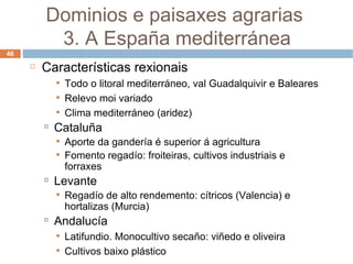 Características rexionais Todo o litoral mediterráneo, val Guadalquivir e Baleares Relevo moi variado Clima mediterráneo (aridez) Cataluña Aporte da gandería é superior á agricultura Fomento regadío: froiteiras, cultivos industriais e forraxes Levante Regadío de alto rendemento: cítricos (Valencia) e hortalizas (Murcia) Andalucía Latifundio. Monocultivo secaño: viñedo e oliveira Cultivos baixo plástico Dominios e paisaxes agrarias  3. A España mediterránea 