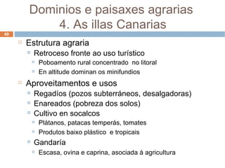 Estrutura agraria Retroceso fronte ao uso turístico Poboamento rural concentrado  no litoral En altitude dominan os minifundios Aproveitamentos e usos Regadíos (pozos subterráneos, desalgadoras) Enareados (pobreza dos solos) Cultivo en socalcos Plátanos, patacas temperás, tomates Produtos baixo plástico  e tropicais Gandaría Escasa, ovina e caprina, asociada á agricultura Dominios e paisaxes agrarias  4. As illas Canarias 