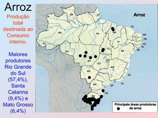 Arroz   Produção total destinada ao Consumo interno . Maiores produtores Rio Grande do Sul (57,4%), Santa Catarina (9,4%) e Mato Grosso (6,4%) 
