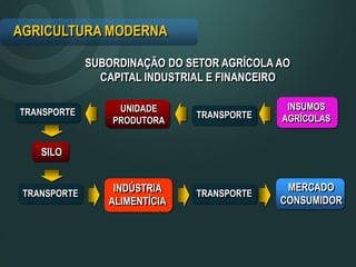 SUBORDINAÇÃO DO SETOR AGRÍCOLA AO
CAPITAL INDUSTRIAL E FINANCEIRO
AGRICULTURA MODERNA
UNIDADE
PRODUTORA
INSUMOS
AGRÍCOLAS
TRANSPORTE
SILO
MERCADO
CONSUMIDOR
TRANSPORTE
TRANSPORTE
INDÚSTRIA
ALIMENTÍCIA
TRANSPORTE
 