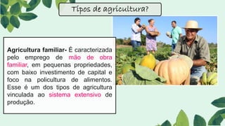 Agricultura familiar- É caracterizada
pelo emprego de mão de obra
familiar, em pequenas propriedades,
com baixo investimento de capital e
foco na policultura de alimentos.
Esse é um dos tipos de agricultura
vinculada ao sistema extensivo de
produção.
Tipos de agricultura?
 