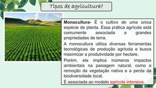 Tipos de agricultura?
Monocultura- É o cultivo de uma única
espécie de planta. Essa prática agrícola está
comumente associada a grandes
propriedades de terra.
A monocultura utiliza diversas ferramentas
tecnológicas de produção agrícola e busca
maximizar a produtividade por hectare.
Porém, ela implica inúmeros impactos
ambientais na paisagem natural, como a
remoção da vegetação nativa e a perda da
biodiversidade local.
É associada ao modelo agrícola intensivo.
 