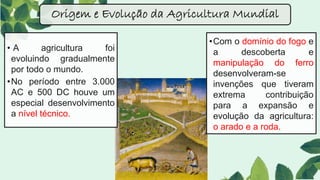• A agricultura foi
evoluindo gradualmente
por todo o mundo.
•No período entre 3.000
AC e 500 DC houve um
especial desenvolvimento
a nível técnico.
Origem e Evolução da Agricultura Mundial
•Com o domínio do fogo e
a descoberta e
manipulação do ferro
desenvolveram-se
invenções que tiveram
extrema contribuição
para a expansão e
evolução da agricultura:
o arado e a roda.
 
