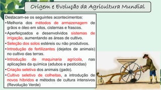 Destacam-se os seguintes acontecimentos:
•Melhoria dos métodos de armazenagem de
grãos e óleo em silos, cisternas e frascos.
•Aperfeiçoados e desenvolvidos sistemas de
irrigação, aumentando as áreas de cultivo.
•Seleção dos solos estéreis ou não produtivos.
•Introdução de fertilizantes (dejetos de animais)
no cultivo das terras.
•Introdução de maquinaria agrícola, nas
aplicações da química (adubos e pesticidas)
•Criação seletiva dos animais (gado).
•Cultivo seletivo de colheitas, a introdução de
novos híbridos e métodos de cultura intensivos
(Revolução Verde)
Origem e Evolução da Agricultura Mundial
 