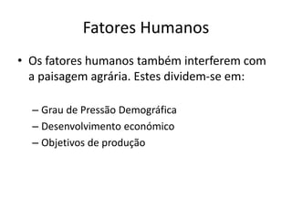 Fatores Humanos
• Os fatores humanos também interferem com
a paisagem agrária. Estes dividem-se em:
– Grau de Pressão Demográfica
– Desenvolvimento económico
– Objetivos de produção

 