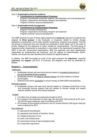 MAF: Agricultural Master Plan 2015
Final Draft, 15
th
September 2010
xi
Goal 3: Sustainable production patterns
 Contributions by Implementation Programs:
Program 3:Sustainable production patterns, land allocation and rural development
Program 7:Agriculture and forestry research and extension
Program 8:Human resource development
Goal 4: Sustainable forest management
 Contributions by Implementation Programs:
Program 4:Forestry development
Program 7:Agriculture and forestry research and extension
Program 8:Human resource development
The AMP presents for each of these eight programs the measures required to implement the
program in three groups: i) key measures, ii) measures related to climate change
adaptation or biodiversity, and iii) other specific investments, programs and projects. The first
two groups of measures (key and climate) are presented in some detail, and in the order of
priority, followed by the sequence of action needed for implementation. The third group of
measures (other investments) is presented in more detail in the Agricultural Investment Plan
(AIP). In the AIP, Government organizations, MAF line agencies, and other stakeholders
responsible for implementing the measures, and the regions of implementation (North,
Central, and South) are also identified and checked for regional balance.
In addition, the AMP formulates for each of the eight programs the objectives, expected
outcomes and targets until 2015: In summary, the programs can thus be presented as
follows:
Program 1: Food production
Objectives:
• Smallholder farmers will have food security based on increased productivity of
rice and diversified farming systems.
• Smallholder farmers will adapt to climate change and build resilience to floods
and droughts.
• Sufficient food will be accessible to ensure energy at 2400-2500 kcal/capita/day.
Potential outcome:
 Smallholder farmers will have food security based on increased productivity of rice
and diversified farming systems that are resilient to climate change and related
extreme weather events and induced disasters.
Targets:
 4.2 million tons of paddy are produced annually by 2014.
 An increase in the production of meat, egg, fish and other fresh products at 5% annu-
ally (40-50 kg per capita per year) is achieved until 2015.
 An increase of food quantity produced in the 47 poorest districts (350 kg per head per
year) is attained by 2015.
Key measures:
(1) agricultural diversification
(2) upgrading local breeds of livestock, fishery
(3) irrigated production of rice
(4) basic rural infrastructure
(5) area-based zoning of agro-ecological areas
(6) conservation agriculture
 