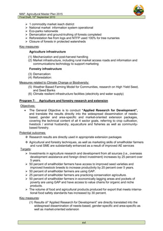 MAF: Agricultural Master Plan 2015
Final Draft, 15
th
September 2010
xvi
 1 commodity market /each district
 National market information system operational
 Eco-parks nationwide
 Demarcation and ground-truthing of forests completed
 Reforestation fee from logs and NTFP used 100% for tree nurseries
 Closure of forests in protected watersheds
Key measures:
Agriculture infrastructure
(1) Mechanization and post-harvest handling
(2) Market infrastructure, including rural market access roads and information and
communications technology to support marketing
Forestry infrastructure
(3) Demarcation:
(4) Reforestation:
Measures related to Climate Change or Biodiversity:
(5) Weather Based Farming Model for Communities, research on High Yield Seed,
and Seed Banks
(6) Climate resilient infrastructure facilities (electricity and water supply)
Program 7: Agriculture and forestry research and extension
Objectives:
• The General Objective is to conduct “Applied Research for Development”,
and translate the results directly into the widespread dissemination of needs-
based, gender and area-specific and market-oriented extension packages,
covering the technical content of all 4 sector goals, referring to crop cultivation,
livestock / animal husbandry, aquaculture and fisheries as well as community-
based forestry.
Potential outcomes:
 Research results are directly used in appropriate extension packages
 Agricultural and forestry techniques, as well as marketing skills of smallholder farmers
and rural SME are substantially enhanced as a result of improved AE services
Targets:
 Investments in agriculture research and development from all sources (i.e., overseas
development assistance and foreign direct investment) increases by 25 percent over
5 years.
 50 percent of smallholder farmers have access to improved seed varieties and
improved livestock breeds to increase productivity by 20 percent over 5 years.
 50 percent of smallholder farmers are using GAP.
 25 percent of smallholder farmers are practicing conservation agriculture.
 50 percent of smallholder farmers in economically lagging areas and pockets of
poverty are using GAP and have access to value chains for organic and niche
products.
 The volume of food and agricultural products produced for export that meets interna-
tional food safety standards has increased by 30 percent.
Key measures:
(1) Results of “Applied Research for Development” are directly translated into the
widespread dissemination of needs-based, gender-specific and area-specific as
well as market-oriented extension
 