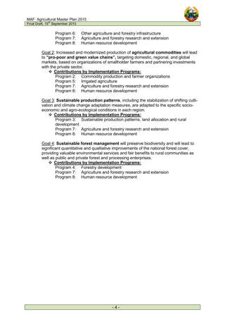 MAF: Agricultural Master Plan 2015
Final Draft, 15
th
September 2010
- 4 -
Program 6: Other agriculture and forestry infrastructure
Program 7: Agriculture and forestry research and extension
Program 8: Human resource development
Goal 2: Increased and modernized production of agricultural commodities will lead
to “pro-poor and green value chains”, targeting domestic, regional, and global
markets, based on organizations of smallholder farmers and partnering investments
with the private sector.
 Contributions by Implementation Programs:
Program 2: Commodity production and farmer organizations
Program 5: Irrigated agriculture
Program 7: Agriculture and forestry research and extension
Program 8: Human resource development
Goal 3: Sustainable production patterns, including the stabilization of shifting culti-
vation and climate change adaptation measures, are adapted to the specific socio-
economic and agro-ecological conditions in each region.
 Contributions by Implementation Programs:
Program 3: Sustainable production patterns, land allocation and rural
development
Program 7: Agriculture and forestry research and extension
Program 8: Human resource development
Goal 4: Sustainable forest management will preserve biodiversity and will lead to
significant quantitative and qualitative improvements of the national forest cover,
providing valuable environmental services and fair benefits to rural communities as
well as public and private forest and processing enterprises.
 Contributions by Implementation Programs:
Program 4: Forestry development
Program 7: Agriculture and forestry research and extension
Program 8: Human resource development
 