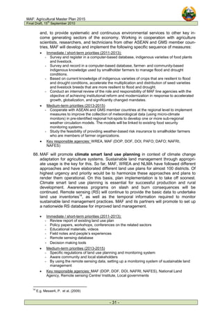 MAF: Agricultural Master Plan 2015
Final Draft, 15
th
September 2010
- 31 -
and, to provide systematic and continuous environmental services to other key in-
come generating sectors of the economy. Working in cooperation with agriculture
scientists, researchers, and technicians from other ASEAN and GMS member coun-
tries, MAF will develop and implement the following specific sequence of measures:
• Immediate / short-term priorities (2011-2013):
- Survey and register in a computer-based database, indigenous varieties of food plants
and livestock.
- Survey and record in a computer-based database, farmer- and community-based
indigenous knowledge used by smallholder farmers to manage flood and drought
conditions.
- Based on current knowledge of indigenous varieties of crops that are resilient to flood
and drought conditions, accelerate the multiplication and distribution of seed varieties
and livestock breeds that are more resilient to flood and drought.
- Conduct an internal review of the role and responsibility of MAF line agencies with the
objective of achieving institutional reform and modernization in response to accelerated
growth, globalization, and significantly changed mandates.
• Medium-term priorities (2013-2015)
- Cooperate with ASEAN and GMS member countries at the regional level to implement
measures to improve the collection of meteorological data (using micro-climate
monitors) in pre-identified regional hot-spots to develop one or more sub-regional
weather circulation models. The models will be linked to existing food security
monitoring systems.
- Study the feasibility of providing weather-based risk insurance to smallholder farmers
who are members of farmer organizations.
• Key responsible agencies: WREA, MAF (DOP, DOF, DOI, PAFO; DAFO; NAFRI,
NAFES)
88. MAF will promote climate smart land use planning in context of climate change
adaptation for agriculture systems. Sustainable land management through appropri-
ate usage is the key for this. So far, MAF, WREA and NLMA have followed different
approaches and have elaborated different land use plans for almost 100 districts. Of
highest urgency and priority would be to harmonize these approaches and plans to
render them operational. On this basis, plan implementation is to take off soonest.
Climate smart land use planning is essential for successful production and rural
development. Awareness programs on slash and burn consequences will be
continued. Remote sensing (RS) will continue to provide the basic data to undertake
land use inventories14
, as well as the temporal information required to monitor
sustainable land management practices. MAF and its partners will promote to set up
a nationwide RS database for improved land management.
• Immediate / short-term priorities (2011-2013):
- Review report of existing land use plan
- Policy papers, workshops, conferences on the related sectors
- Educational materials, videos
- Field notes and people’s experiences
- Remote sensing database
- Decision making tools
• Medium-term priorities (2013-2015)
- Specific regulations of land use planning and monitoring system
- Aware community and local stakeholders
- By using the remote sensing data, setting up a monitoring system of sustainable land
management
• Key responsible agencies: MAF (DOP, DOF, DOI, NAFRI, NAFES), National Land
Agency, Remote sensing Centre/ Institute, Local governments
14
E.g. Messerli, P. et al. (2009)
 