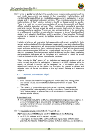 MAF: Agricultural Master Plan 2015
Final Draft, 15
th
September 2010
- 65 -
165. In terms of gender sensitivity in the agriculture and forestry sector, gender analysis
and needs assessments are needed in the preparation, implementation and
monitoring of projects. Efforts are needed to increase women’s participation in farmer
groups and in agricultural extension activities. When monitoring projects and the
implementation of MAF policies, indicators should be disaggregated by gender.
There is a need for increased representation of women in provincial and district
offices including extension workers. When implementing agricultural extension
programs, woman farmers should be used as gender focal points in villages to
improve agricultural practices. Women can play an important role in the vaccination
of small livestock. In addition, greater attention is needed to women’s traditional land
rights in land allocation, land titling, and the resolution of land disputes. Additional
assistance is needed to women to facilitate access to rural savings and credit
schemes.
Institutional change will guarantee that opportunities will remain available for both
women and men to benefit from the planned modernization and strengthening of the
sector. As such, assessments will be conducted to identify adequate gender-related
needs and gaps and address them. Institutional capacity of MAF will be strengthened
with a gender-responsive MIS and an organizational mechanism to inform annual
planning processes. Sex disaggregated statistical data and gender-related qualitative
and quantitative indicators will be formulated and monitored to reflect the actual
trends and results and be utilised for evaluation purposes.
When referring to “MAF personnel”, an inclusive and systematic reference will be
made for each target to the participation of women in all HRD initiatives, either in
country or abroad. Incentives will be designed, i.e. in conjunction with other
educational institutions via the Ministry of Education, to improve enrolment and
retention rates of female candidates in the agricultural, forestry and veterinary
subjects.
8.3. Objectives, outcomes and targets
Objectives:
• Build up adequate institutional capacity and human resources among public
and private service providers to facilitate the achievement of Goals 1 to 4
until 2015.
• The capacity of government organizations and concerned parties will be
strengthened for implementation of the Agricultural and Forest Strategy to
2020. In this context, a reform of the public administration in several sub-
sectors is to be effected.
Potential outcome:
 Strengthened institutional and human capacities (including significant progress in
gender mainstreaming) to organize and manage holistic rural development,
agriculture and forest-based production, processing and marketing as well as
environmental services
166. The key sector targets associated with Program 8 are:
(1) Personnel and HRD targets for 2010-2020 include the following:
 40 PhD, 50 masters, and 70 bachelor degrees;
 Training and development for technical officials in provinces: 5 PhD in each
province, 10 masters, 40 bachelor degrees, 35 higher diplomas, and 5 diplomas;
 