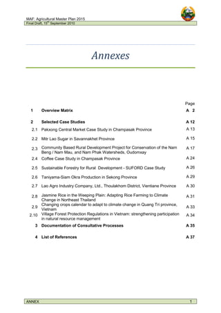 MAF: Agricultural Master Plan 2015
Final Draft, 15
th
September 2010
ANNEX 1
Annexes
Page
1 Overview Matrix A 2
2 Selected Case Studies A 12
2.1 Pakxong Central Market Case Study in Champasak Province A 13
2.2 Mitr Lao Sugar in Savannakhet Province A 15
2.3 Community Based Rural Development Project for Conservation of the Nam
Beng / Nam Mau, and Nam Phak Watersheds, Oudomxay
A 17
2.4 Coffee Case Study in Champasak Province A 24
2.5 Sustainable Forestry for Rural Development - SUFORD Case Study A 26
2.6 Taniyama-Siam Okra Production in Sekong Province A 29
2.7 Lao Agro Industry Company, Ltd., Thoulakhom District, Vientiane Province A 30
2.8 Jasmine Rice in the Weeping Plain: Adapting Rice Farming to Climate
Change in Northeast Thailand
A 31
2.9
Changing crops calendar to adapt to climate change in Quang Tri province,
Vietnam
A 33
2.10 Village Forest Protection Regulations in Vietnam: strengthening participation
in natural resource management
A 34
3 Documentation of Consultative Processes A 35
4 List of References A 37
 