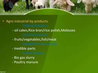 • Agro industrial by products
Milling industry
- oil cakes,Rice bran/rice polish,Molasses
canning industry
- fruits/vegetables,fish/meat
Slaughter house waste
- Inedible parts
Animal wastes
- Bio gas slurry
- Poultry manure
 
