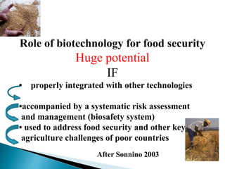 Role of biotechnology for food security
Huge potential
IF
• properly integrated with other technologies
•accompanied by a systematic risk assessment
and management (biosafety system)
• used to address food security and other key
agriculture challenges of poor countries
After Sonnino 2003
 