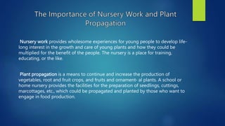 Nursery work provides wholesome experiences for young people to develop life-
long interest in the growth and care of young plants and how they could be
multiplied for the benefit of the people. The nursery is a place for training,
educating, or the like.
Plant propagation is a means to continue and increase the production of
vegetables, root and fruit crops, and fruits and ornament- al plants. A school or
home nursery provides the facilities for the preparation of seedlings, cuttings,
marcottages, etc., which could be propagated and planted by those who want to
engage in food production.
 