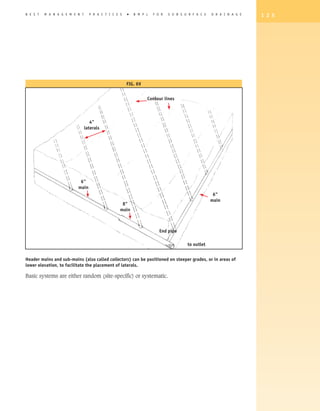 B E S T   M A N A G E M E N T     P R A C T I C E S   �   B M P s   F O R   S U B S U R F A C E   D R A I N A G E   1 2 5




                                                      Fig. 6v


                                                                Contour lines



                                   4
                                laterals




                           6
                          main
                                                                                                   6
                                                                                                  main
                                                   8
                                                  main



                                                                       End pipe

                                                                                     to outlet


Header mains and sub-mains (also called collectors) can be positioned on steeper grades, or in areas of
lower elevation, to facilitate the placement of laterals.

Basic systems are either random (site-specific) or systematic.
 