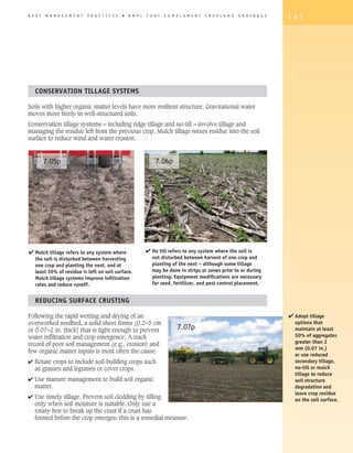 B E S T   M A N A G E M E N T   P R A C T I C E S   �   B M P s   T H A T   C O M P L E M E N T   C R O P L A N D   D R A I N A G E   1 4 7




   CONSERVATION TILLAGE SySTEMS

Soils with higher organic matter levels have more resilient structure. Gravitational water
moves more freely in well-structured soils.
Conservation tillage systems – including ridge tillage and no-till – involve tillage and
managing the residue left from the previous crop. Mulch tillage mixes residue into the soil
surface to reduce wind and water erosion.



          7.05p                                                       7.06p




4 Mulch tillage refers to any system where                        4 No till refers to any system where the soil is
   the soil is disturbed between harvesting                         not disturbed between harvest of one crop and
   one crop and planting the next, and at                           planting of the next – although some tillage
   least 30% of residue is left on soil surface.                    may be done in strips or zones prior to or during
   Mulch tillage systems improve infiltration                       planting. Equipment modifications are necessary
   rates and reduce runoff.                                         for seed, fertilizer, and pest control placement.


   REDUCING SURFACE CRUSTING

Following the rapid wetting and drying of an                                                                                          4 Adopt tillage
overworked seedbed, a solid sheet forms (0.2–5 cm                                                                                       options that
or 0.07–2 in. thick) that is tight enough to prevent                              7.07p                                                 maintain at least
water infiltration and crop emergence. A track                                                                                          50% of aggregates
record of poor soil management (e.g., erosion) and                                                                                      greater than 2
                                                                                                                                        mm (0.07 in.)
few organic matter inputs is most often the cause.
                                                                                                                                        or use reduced
4 Rotate crops to include soil-building crops such                                                                                      secondary tillage,
  as grasses and legumes or cover crops.                                                                                                no-till or mulch
                                                                                                                                        tillage to reduce
4 Use manure management to build soil organic                                                                                           soil structure
  matter.                                                                                                                               degradation and
                                                                                                                                        leave crop residue
4 Use timely tillage. Prevent soil clodding by tilling                                                                                  on the soil surface.
  only when soil moisture is suitable. Only use a
  rotary hoe to break up the crust if a crust has
  formed before the crop emerges: this is a remedial measure.
 