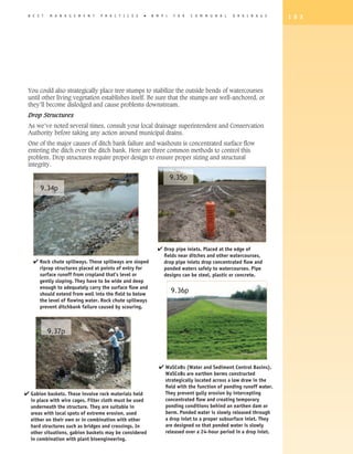 B E S T   M A N A G E M E N T   P R A C T I C E S    �   B M P   s    F O R   C O M M U N A L   D R A I N A G E     1 8 3




 You could also strategically place tree stumps to stabilize the outside bends of watercourses
 until other living vegetation establishes itself. Be sure that the stumps are well-anchored, or
 they’ll become dislodged and cause problems downstream.
 Drop Structures
 As we’ve noted several times, consult your local drainage superintendent and Conservation
 Authority before taking any action around municipal drains.
 One of the major causes of ditch bank failure and washouts is concentrated surface flow
 entering the ditch over the ditch bank. Here are three common methods to control this
 problem. Drop structures require proper design to ensure proper sizing and structural
 integrity.

                                                                      9.35p
      9.34p




                                                            4 Drop pipe inlets. Placed at the edge of
                                                                  fields near ditches and other watercourses,
   4 Rock chute spillways. These spillways are sloped             drop pipe inlets drop concentrated flow and
      riprap structures placed at points of entry for             ponded waters safely to watercourses. Pipe
      surface runoff from cropland that’s level or                designs can be steel, plastic or concrete.
      gently sloping. They have to be wide and deep
      enough to adequately carry the surface flow and
      should extend from well into the field to below
                                                                      9.36p
      the level of flowing water. Rock chute spillways
      prevent ditchbank failure caused by scouring.



           9.37p




                                                             4 WaSCoBs (Water and Sediment Control Basins).
                                                                  WaSCoBs are earthen berms constructed
                                                                  strategically located across a low draw in the
                                                                  field with the function of ponding runoff water.
4 Gabion baskets. These involve rock materials held               They prevent gully erosion by intercepting
  in place with wire cages. Filter cloth must be used             concentrated flow and creating temporary
  underneath the structure. They are suitable in                  ponding conditions behind an earthen dam or
  areas with local spots of extreme erosion, used                 berm. Ponded water is slowly released through
  either on their own or in combination with other                a drop inlet to a proper subsurface inlet. They
  hard structures such as bridges and crossings. In               are designed so that ponded water is slowly
  other situations, gabion baskets may be considered              released over a 24-hour period in a drop inlet.
  in combination with plant bioengineering.
 