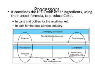 Processors• It combines the HFCS with other ingredients, using
their secret formula, to produce Coke®
.
– In cans and bottles for the retail market.
– In bulk for the food service industry.
 