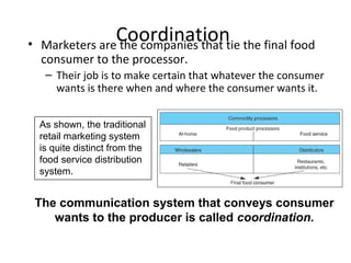 Coordination• Marketers are the companies that tie the final food
consumer to the processor.
– Their job is to make certain that whatever the consumer
wants is there when and where the consumer wants it.
As shown, the traditional
retail marketing system
is quite distinct from the
food service distribution
system.
The communication system that conveys consumer
wants to the producer is called coordination.
 