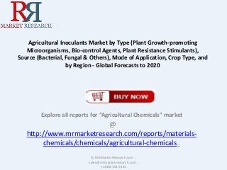 Agricultural Inoculants Market by Type (Plant Growth-promoting
Microorganisms, Bio-control Agents, Plant Resistance Stimulants),
Source (Bacterial, Fungal & Others), Mode of Application, Crop Type, and
by Region - Global Forecasts to 2020
Explore all reports for “Agricultural Chemicals” market
@
http://www.rnrmarketresearch.com/reports/materials-
chemicals/chemicals/agricultural-chemicals .
© RnRMarketResearch.com ;
sales@rnrmarketresearch.com ;
+1 888 391 5441
 
