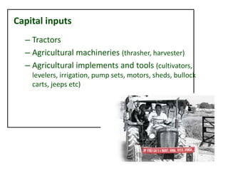 Capital inputs
– Tractors
– Agricultural machineries (thrasher, harvester)
– Agricultural implements and tools (cultivators,
levelers, irrigation, pump sets, motors, sheds, bullock
carts, jeeps etc)
 