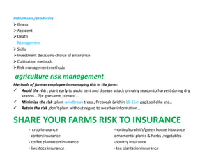 Individuals /producers
Illness
Accident
Death
Management
Skills
Investment decisions-choice of enterprise
Cultivation methods
Risk management methods
agriculture risk management
Methods of farmer employee in managing risk in thefarm:
 Avoid the risk , plant early to avoid pest and disease attack on rainy season to harvest during dry
season….?(e.g sesame ,tomato….
 Minimize the risk ,plant windbreak trees , firebreak (within 10-15m gap),soil dike etc…
 Retain the risk ,don’t plant without regard to weather information…
SHARE YOUR FARMS RISK TO INSURANCE
- crop insurance
- cotton insurance
- coffee plantation insurance
- livestock insurance
-horticulturalist’s/green house insurance
-ornamental plants & herbs ,vegetables
-poultry insurance
- tea plantation insurance
 