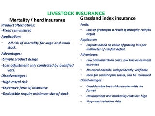 LIVESTOCK INSURANCE
Mortality / herd insurance
Product alternatives:
•Fixed sum insured
Application:
• All risk of mortality for large and small
stock.
Advantages:
•Simple product design
•Loss adjustment only conducted by qualified
vets.
Disadvantages :
•High moral risk
•Expensive form of insurance
•Deductible require minimum size of stock
Application
Advantages:
Disadvantages:
Grassland index insurance
Perils:
• Loss of grazing as a result of drought/ rainfall
deficit
• Payouts based on value of grazing loss per
millimeter of rainfall deficit.
• Low administration costs, low loss assessment
expenses
• No moral hazards: independently verifiable
• Ideal for catastrophic losses, can be reinsured
• Considerable basis risk remains with the
farmer
• Development and marketing costs are high
• Huge anti-selection risks
 