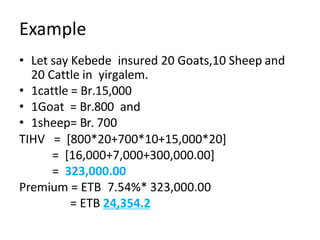 Example
• Let say Kebede insured 20 Goats,10 Sheep and
20 Cattle in yirgalem.
• 1cattle = Br.15,000
• 1Goat = Br.800 and
• 1sheep= Br. 700
TIHV = [800*20+700*10+15,000*20]
= [16,000+7,000+300,000.00]
= 323,000.00
Premium = ETB 7.54%* 323,000.00
= ETB 24,354.2
 