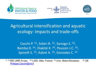 A Partner
of
Agricultural intensification and aquatic
ecology: impacts and trade-offs
Cecchi P. (1), Soleri R. (2), Sanogo S. (3),
Bamba D. (3), Diakité K. (4), Poussin J.C. (5),
Spinelli S. (2), Kabré A. (3), Gonzalez C. (2)
(1, 5) IRD UMR G-eau (2) LGEI, Alès, France (3) Univ. Bobo-Dioulasso (4) 2iE
Philippe.Cecchi@ird.fr
 