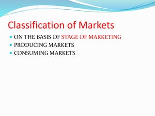 Classification of Markets
 ON THE BASIS OF STAGE OF MARKETING
 PRODUCING MARKETS
 CONSUMING MARKETS
 