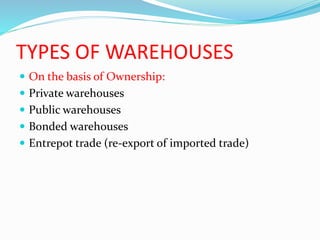 TYPES OF WAREHOUSES
 On the basis of Ownership:
 Private warehouses
 Public warehouses
 Bonded warehouses
 Entrepot trade (re-export of imported trade)
 