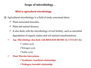 What is agricultural microbiology
Scope of microbiology…
 Agricultural microbiology is a field of study concerned about
 Plant-associated microbes .
 Plant and animal diseases.
 It also deals with the microbiology of soil fertility, such as microbial
degradation of organic matter and soil nutrient transformations.
 Agr. Microbiology also deals with BIOGEOCHEMICAL CYCLES like
 carbon cycle
Nitrogen cycle
Sulfur cycle
 Plant Microbe Interactions
Symbionts: beneficial relationships
Pathogen: harmful relationship
 