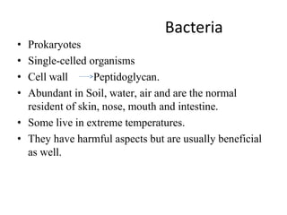 Bacteria
• Prokaryotes
• Single-celled organisms
• Cell wall Peptidoglycan.
• Abundant in Soil, water, air and are the normal
resident of skin, nose, mouth and intestine.
• Some live in extreme temperatures.
• They have harmful aspects but are usually beneficial
as well.
 