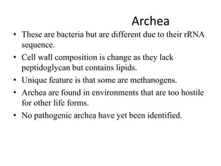 Archea
• These are bacteria but are different due to their rRNA
sequence.
• Cell wall composition is change as they lack
peptidoglycan but contains lipids.
• Unique feature is that some are methanogens.
• Archea are found in environments that are too hostile
for other life forms.
• No pathogenic archea have yet been identified.
 