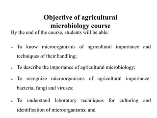 Objective of agricultural
microbiology course
By the end of the course, students will be able:
 To know microorganisms of agricultural importance and
techniques of their handling;
 To describe the importance of agricultural microbiology;
 To recognize microorganisms of agricultural importance:
bacteria, fungi and viruses;
 To understand laboratory techniques for culturing and
identification of microorganisms; and
 