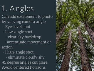 1. Angles
Can add excitement to photo
by varying camera angle
- Eye-level shot
- Low-angle shot
- clear sky backdrop
- accentuate movement or
action
- High-angle shot
- eliminate cloudy sky
45 degree angles cut glare
Avoid centered horizons
 