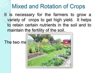 Mixed and Rotation of Crops
It is necessary for the farmers to grow a
variety of crops to get high yield. It helps
to retain certain nutrients in the soil and to
maintain the fertility of the soil.
The two methods are :
 