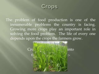 The problem of food production is one of the
innumerable problems the country is facing.
Growing more crops play an important role in
solving the food problem. The life of every one
depends upon the crops the farmers grow.
Crops can be classified into
three types. They are :-
 