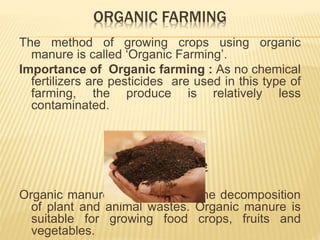 ORGANIC FARMING
The method of growing crops using organic
manure is called ‘Organic Farming’.
Importance of Organic farming : As no chemical
fertilizers are pesticides are used in this type of
farming, the produce is relatively less
contaminated.
Organic manure
Organic manure is obtained by the decomposition
of plant and animal wastes. Organic manure is
suitable for growing food crops, fruits and
vegetables.
 