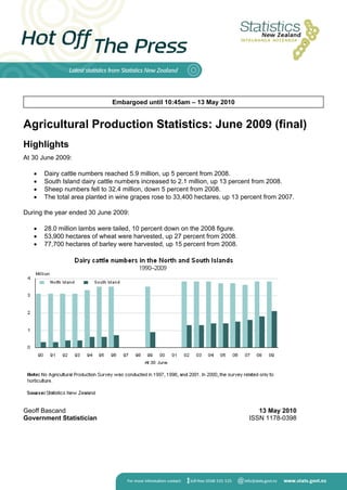 Embargoed until 10:45am – 13 May 2010


Agricultural Production Statistics: June 2009 (final)
Highlights
At 30 June 2009:

      Dairy cattle numbers reached 5.9 million, up 5 percent from 2008.
      South Island dairy cattle numbers increased to 2.1 million, up 13 percent from 2008.
      Sheep numbers fell to 32.4 million, down 5 percent from 2008.
      The total area planted in wine grapes rose to 33,400 hectares, up 13 percent from 2007.

During the year ended 30 June 2009:

      28.0 million lambs were tailed, 10 percent down on the 2008 figure.
      53,900 hectares of wheat were harvested, up 27 percent from 2008.
      77,700 hectares of barley were harvested, up 15 percent from 2008.




Geoff Bascand                                                                    13 May 2010
Government Statistician                                                       ISSN 1178-0398
 