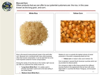 Rice and Corn
Other products that we can offer to our potential customers are: the rice, in this case
known as the long grain, and corn.

                     White Rice                                                          Yellow Corn




Rice is the second most-produced cereal in the world after       Relative to corn is currently the highest volume of cereal
corn. Because corn is produced with many other purposes          production in the world, surpassing wheat and rice.
other than human consumption, it can be said that rice is the
                                                                      Yellow corn or maize is also use to extract: Oil.
most important cereal for human compsumption.
                                                                 Corn is planted in several South American countries which act
Among the variety of rice that are on the market, right now we   as providers for ethanol plants
can offer our customers the variety known as:
                                                                 Our company is able to offer those products from different
     "Long Grain White Rice“, It is widely used in              sources thanks to the agreements that we have with some
      Chinese and Indian cuisine and is the best selling in      legal holder in countries like Brazil, Paraguay, and European
      the United States.                                         countries.
                                                                                                                         11
     “Medium Grain White Rice“,
 