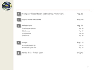1   Company Presentation and Starring Framework   Pag. 03


2   Agricultural Products                         Pag. 04


3   Dried Fruits                                  Pag. 05
    3.1 Hazelnut, Walnuts                           Pag. 06
    3.2 Almonds                                     Pag. 07
    3.3 Pistachios                                  Pag. 08
    3.4 Peanuts                                     Pag. 09




4   Sugar                                         Pag. 10
    4.1 White Sugar IC 45                           Pag. 11
    4.1 White Sugar IC 150                          Pag. 12



5   White Rice , Yellow Corn                      Pag.13




                                                              2
 