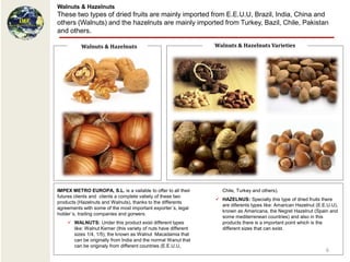 Walnuts & Hazelnuts
These two types of dried fruits are mainly imported from E.E.U.U, Brazil, India, China and
others (Walnuts) and the hazelnuts are mainly imported from Turkey, Bazil, Chile, Pakistan
and others.

          Walnuts & Hazelnuts                                    Walnuts & Hazelnuts Varieties




IMPEX METRO EUROPA, S.L. is a vailable to offer to all their        Chile, Turkey and others).
futures clients and clients a complete vatiety of these two
                                                                  HAZELNUS: Specially this type of dried fruits there
products (Hazelnuts and Walnuts), thanks to the differents
                                                                   are diferents types like: Amarican Hazelnut (E.E.U.U),
agreements with some of the most important exporter´s, legal
                                                                   known as Americana, the Negret Hazelnut (Spain and
holder´s, trading companies and gorwers.
                                                                   some mediterrenean countries) and also in this
     WALNUTS: Under this product exist different types            products there is a important point which is the
      like: Walnut Kerner (this variety of nuts have different     different sizes that can exist.
      sizes 1/4, 1/5), the known as Walnut Macadamia that
      can be originally from India and the normal Wanut that
      can be originaly from different countries (E.E.U.U,
                                                                                                                   6
 