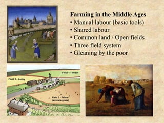 Farming in the Middle Ages
• Manual labour (basic tools)
• Shared labour
• Common land / Open fields
• Three field system
• Gleaning by the poor
 