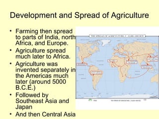 Development and Spread of Agriculture
• Farming then spread
to parts of India, north
Africa, and Europe.
• Agriculture spread
much later to Africa.
• Agriculture was
invented separately in
the Americas much
later (around 5000
B.C.E.)
• Followed by
Southeast Asia and
Japan
• And then Central Asia
 