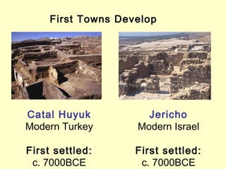 First Towns Develop
Catal Huyuk
Modern Turkey
First settled:
c. 7000BCE
Jericho
Modern Israel
First settled:
c. 7000BCE
 