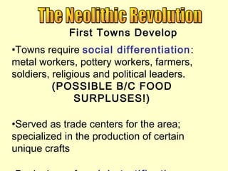 First Towns Develop
•Towns require social differentiation:
metal workers, pottery workers, farmers,
soldiers, religious and political leaders.
(POSSIBLE B/C FOOD
SURPLUSES!)
•Served as trade centers for the area;
specialized in the production of certain
unique crafts
 