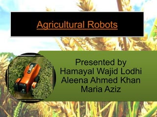 Agricultural Robots

Presented by
Hamayal Wajid Lodhi
Aleena Ahmed Khan
Maria Aziz

 