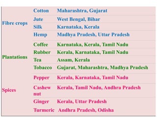 Fibre crops
Cotton Maharashtra, Gujarat
Jute West Bengal, Bihar
Silk Karnataka, Kerala
Hemp Madhya Pradesh, Uttar Pradesh
Plantations
Coffee Karnataka, Kerala, Tamil Nadu
Rubber Kerala, Karnataka, Tamil Nadu
Tea Assam, Kerala
Tobacco Gujarat, Maharashtra, Madhya Pradesh
Spices
Pepper Kerala, Karnataka, Tamil Nadu
Cashew
nut
Kerala, Tamil Nadu, Andhra Pradesh
Ginger Kerala, Uttar Pradesh
Turmeric Andhra Pradesh, Odisha
 